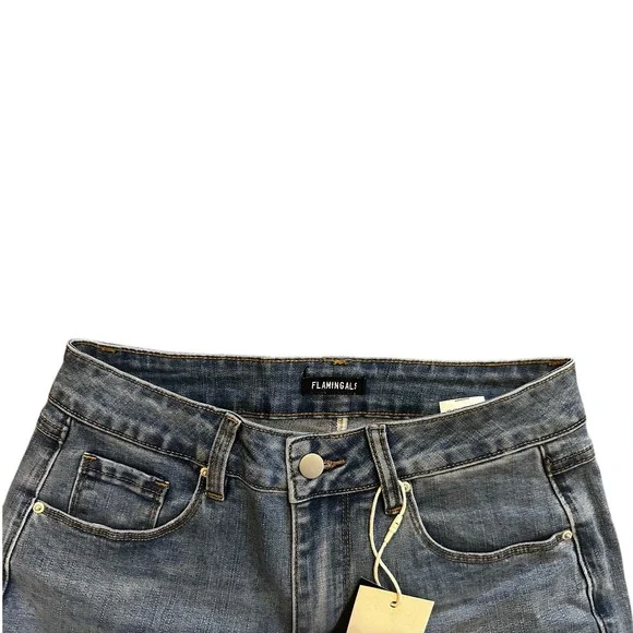 Flamingals Womens Embroidered Hem Straight Leg Jeans Blue Size M NEW - Picture 2 of 4